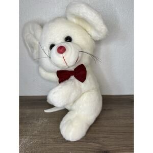 Goffa Corp Plush Stuffed White Mouse Holiday Red Bow Sitting Uptight Vintage